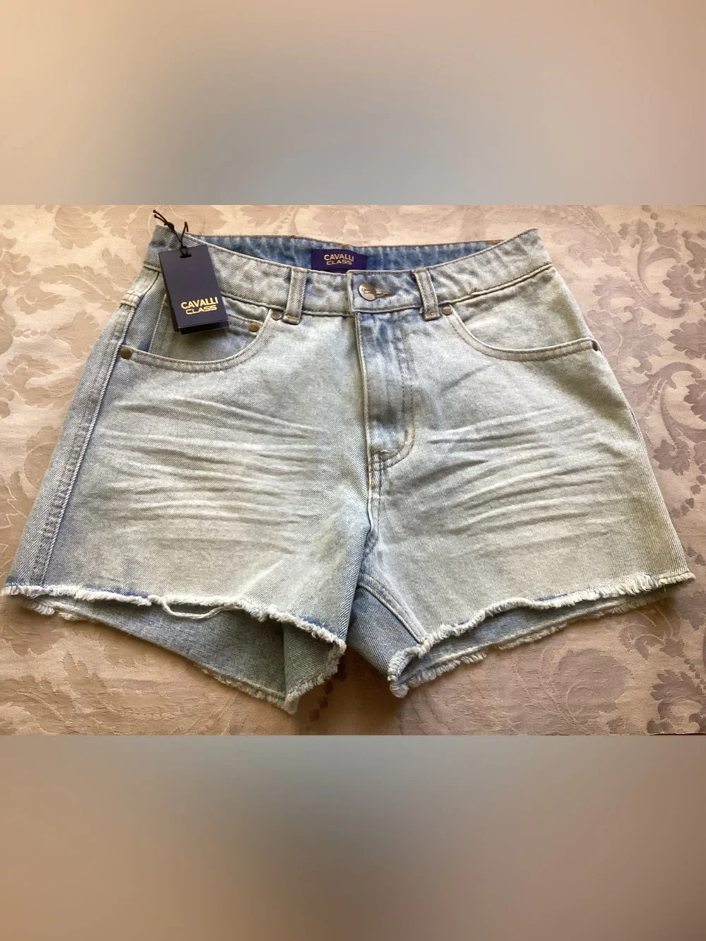 Cavalli Class Sprocket Classic Rise Light Wash Denim Frayed Hem Shorts sz 27 - Picture 1 of 4